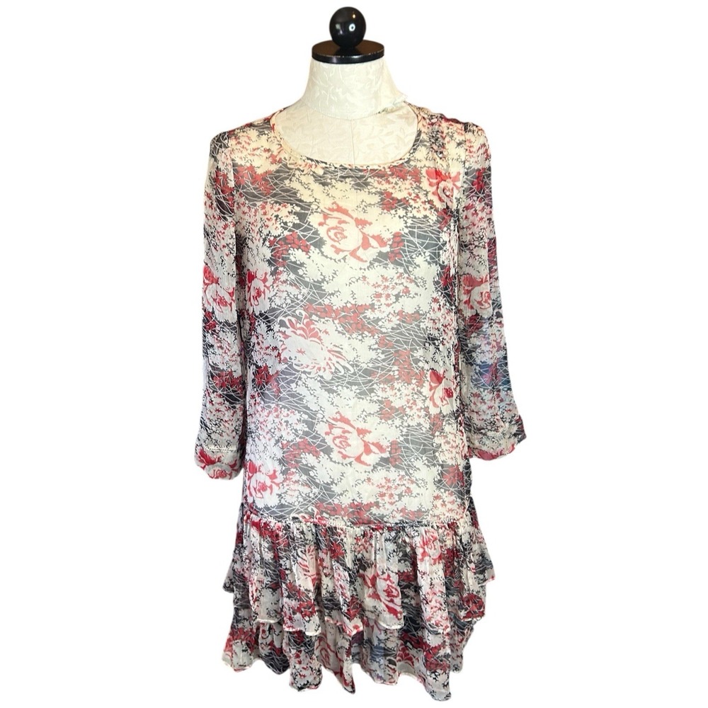 Tara Jarmon Sz 36 US S Red‎ Semi-Sheer Silk Floral Button Down Ruffle Cuff Boho